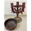 Image 7 : ANTIQUE UKRAINIAN FOLK ART WOODEN ITEMS CARVED LARGE CANDLE HOLDER AND BOWL