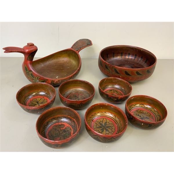 GROUP OF VINTAGE RUSSIAN KHOKHLOMA WOODEN BOWL BIRD KOVSH