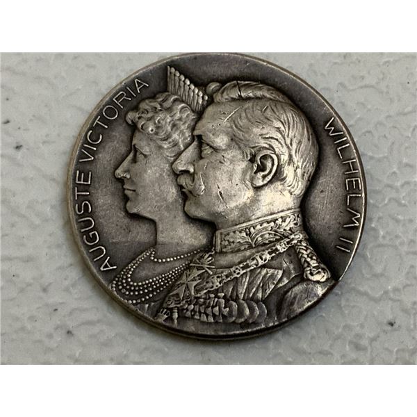 IMPERIAL GERMANY PRUSSIA 1906 WILHELM II & AUGUSTE VICTORIA WEDDING ANNIVERSARY SILVER MEDAL