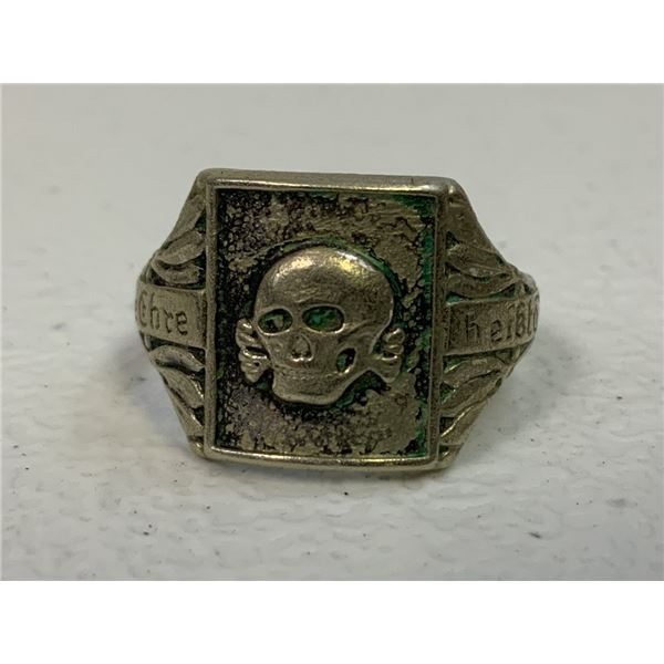WWII GERMAN SS SCULL DEAT'S HEAD SILVER RING WITH SS MOTTO