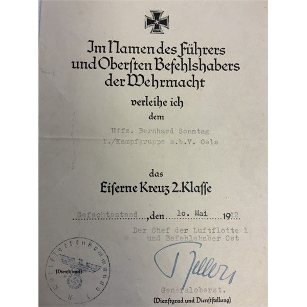 WWII GERMAN IRON CROSS IInd CLASS AWARD DOCUMENT