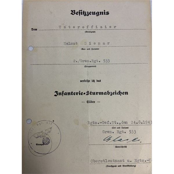 WWII GERMAN ARMY COMBAT BADGE AWARD DOCUMENT