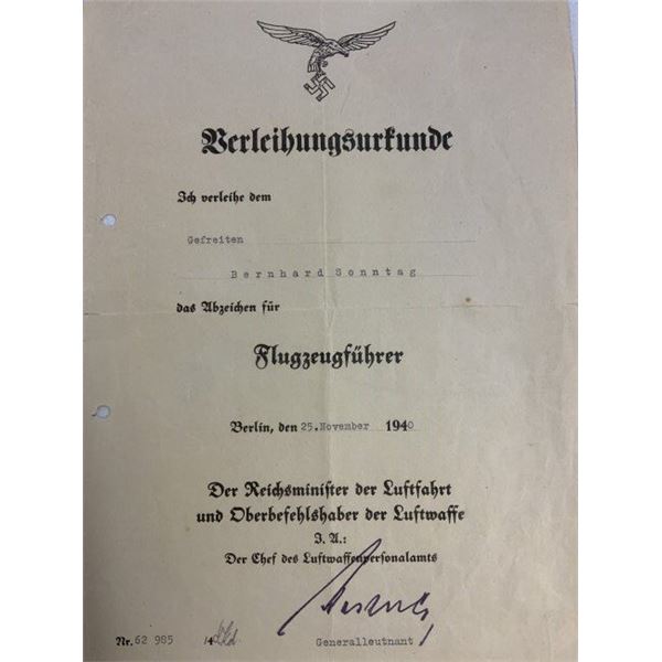 WWII GERMAN LUFTWAFFE PILOT BADGE AWARD DOCUMENT