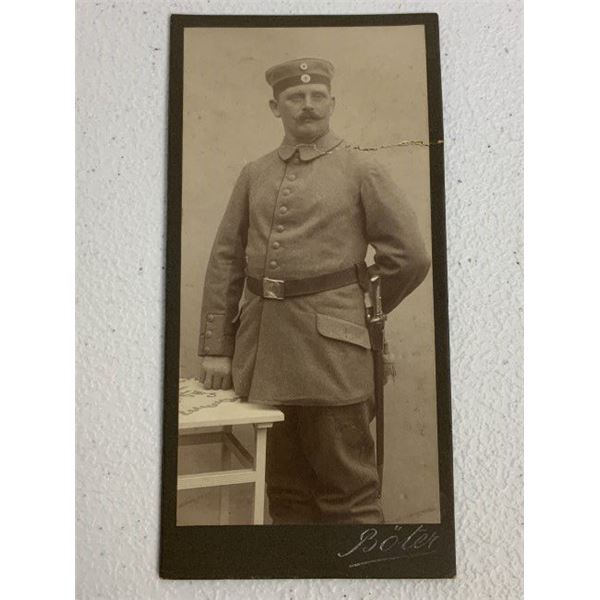 IMPERIAL GERMANY WWI SOLDIER IN UNIFORM WITH BELT AND BAYONET STUDIO PHOTOGRAPH