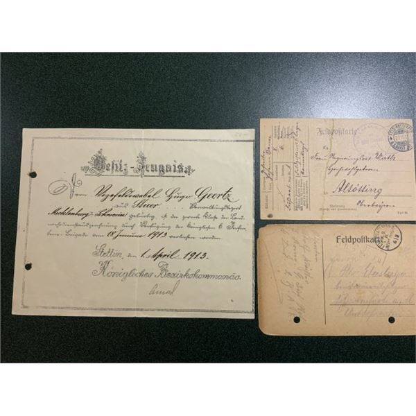 IMPERIAL GERMANY WWI PERIOD FIELDPOST LETTERS AND 1913 DATED SIGNED DOCUMENT