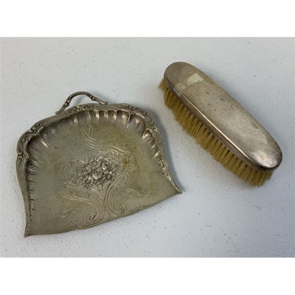 ANTIQUE SILVER BUTLER DECORATED DUST PAN AND BRUSH