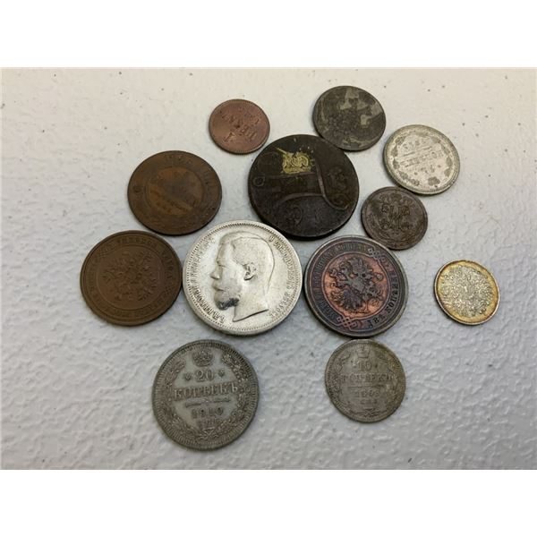 IMPERIAL RUSSIA LARGE LOT IMPERIAL RUSSIAN SILVER AND BRONZE COINS