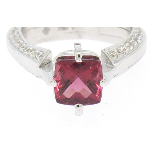 18k White Gold Cushion Rubellite Tourmaline Ring w/ 0.79 ctw Pave Fine Diamonds