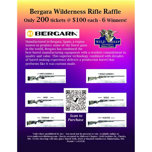 Bergara Wilderness Rifles Raffle - 6 Winners