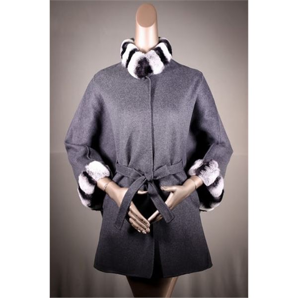 REVERSIBLE WOOL BELTED CAPE WITH CHINCHILLA REX RABBIT COLLAR AND CUFF