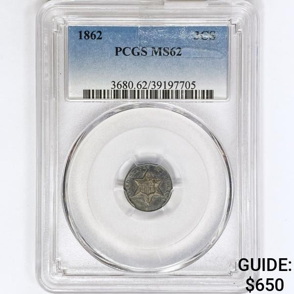 1862 Silver Three Cent PCGS MS62