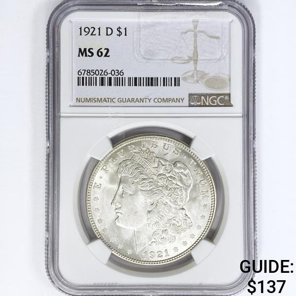 1921-D Morgan Silver Dollar NGC MS62