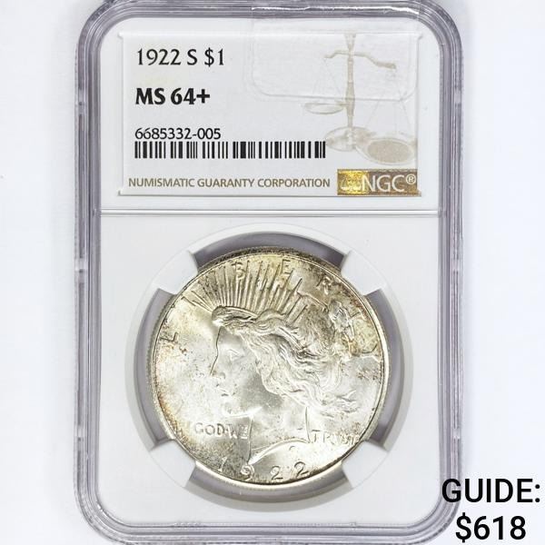 1922-S Silver Peace Dollar NGC MS64+