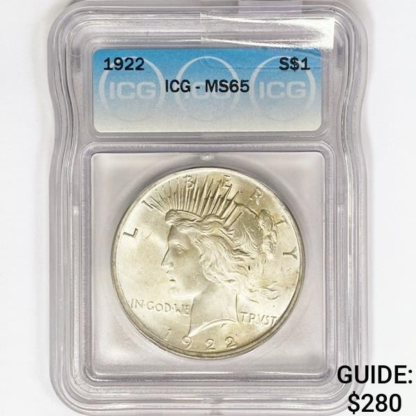 1922 Silver Peace Dollar ICG MS65