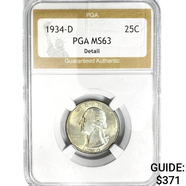 1934-D Washington Silver Quarter PGA MS63 Detail