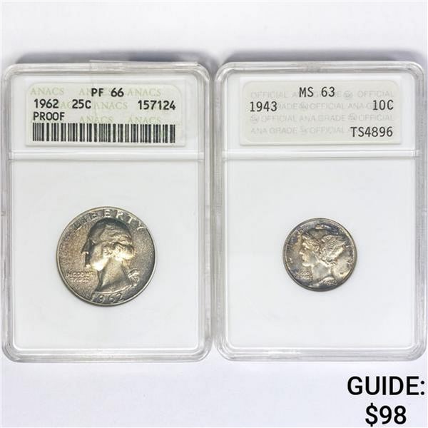 1943, 1962 Set (2) Washingto 25C, Mercury 10C  PF,