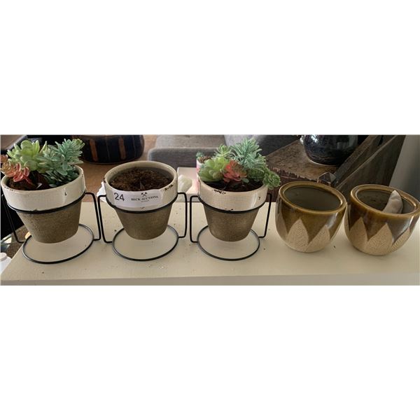 5 x Ceramic Flower Pots - Two Include Artificial Plants
