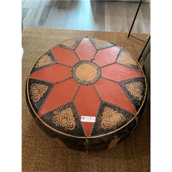 Distressed-Look Leather Pouffe (12"H x 28" Diameter)