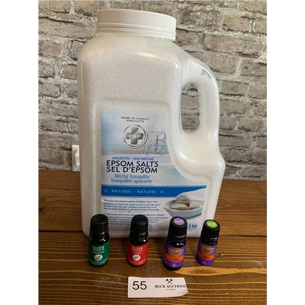 Unscented Epsom Salts (Brand New) and 4 x Essential Oils