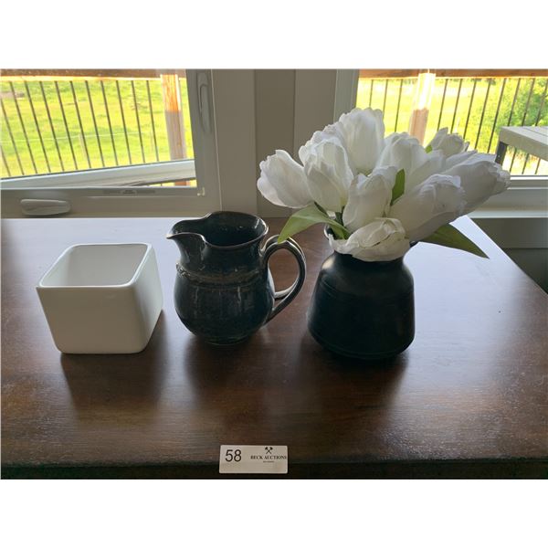 Ceramic Container, Pottery Jug, and Vase w/ Artificial Flowers