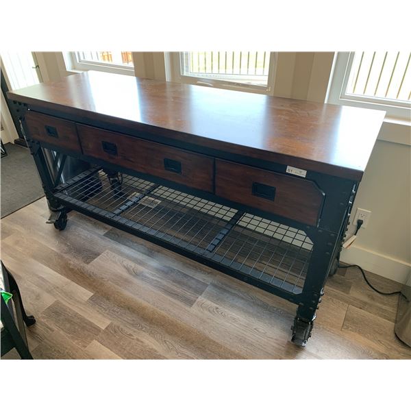 Large Metal and Wooden Buffet on Wheels (37"H x 72"W x 24"D)