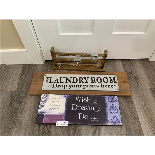 Wooden Calendar and 2 x Decorative Wall Signs