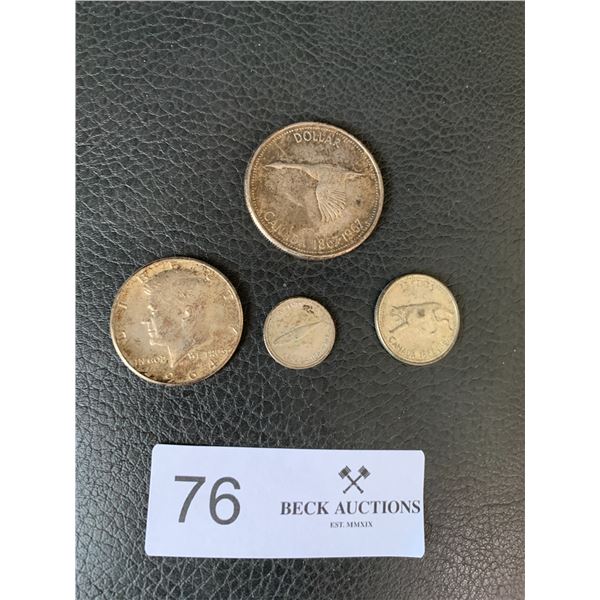 American 90% Silver Half Dollar and Canadian 80% Silver Dollar, Dime, and Quarter