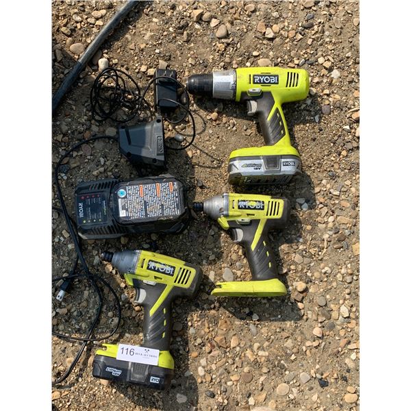 3 x Ryobi Power Drills (2 x P234G; 1 x P205G)