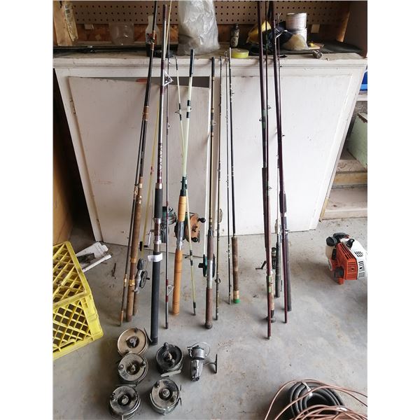 Assortment of Fishing Rods, Reels, and Nets