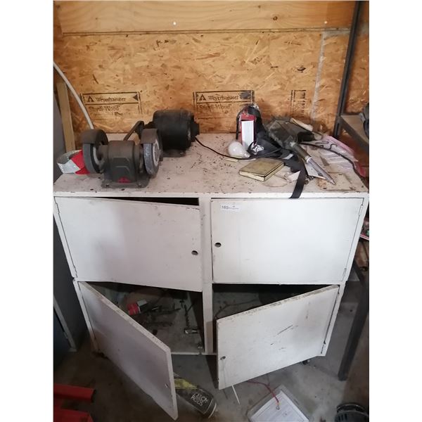 Wooden Work Table w/ Contents (38.5"H x 44"W x 23"D) - Includes Bench Grinder!