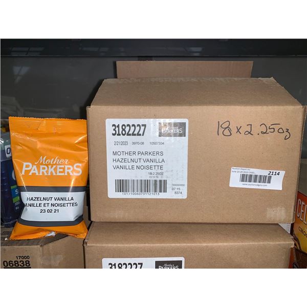 CASE LOT - Mother Parkers Hazelnut Vanilla Coffee Grounds 18x2.25oz packets