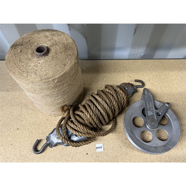 LOT OF 3 - SISAL TWINE ROLL & ROPE & PULLY SET & CLOTHES LINE WHEEL