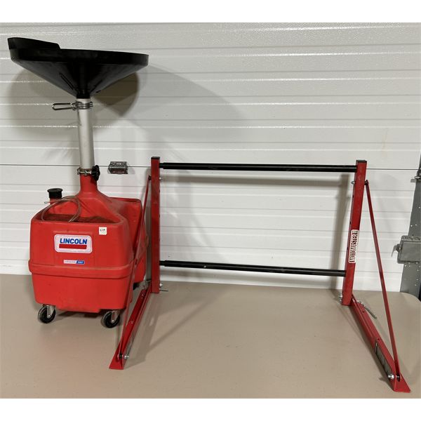 Oil Drain Bucket Rack LOT OF 2 - OIL DRAIN BUCKET AND WALL MOUNT TIRE RACK.