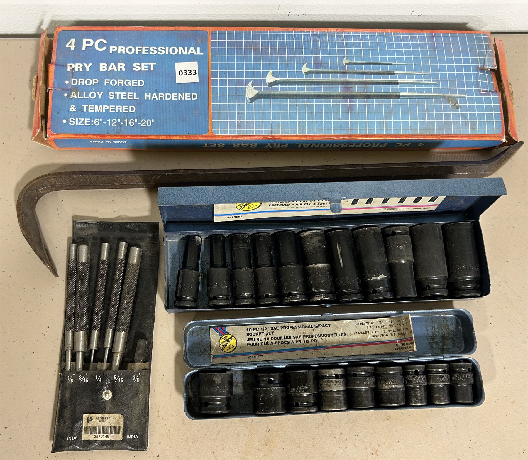 JOB LOT INCL PRY BAR SET, SAE IMPACT SOCKETS, PUNCH SET.