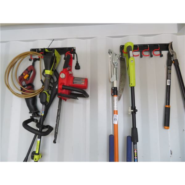 Yard Tools On Wall, Ryobi Trimmer, Chainsaw Post Hole Digger