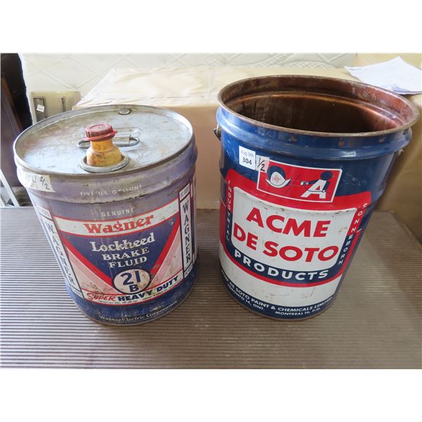 5 US Gallon Wagner Lockheed Brake Fluid tin + Acme De Soto Paint & Chemicals 5 Imperial gallon tin