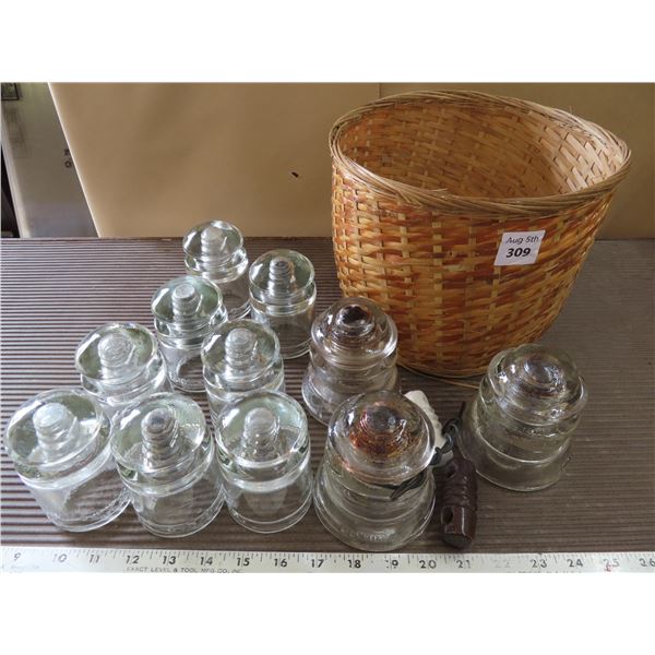 Wicker Basket with 8 medium sized glass insulators & 3 large glass insulators