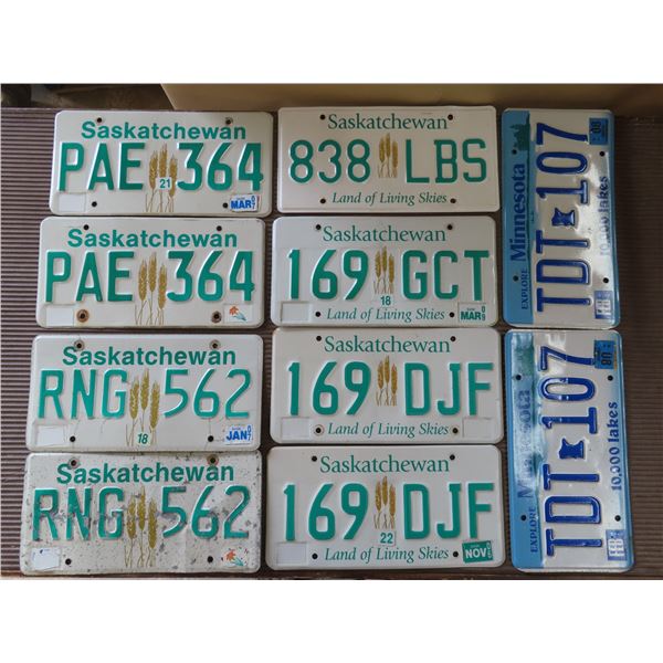 8x Early 2000’s Sask license plates (3 Pairs with same #’s) + 2 Minnesota 2008 license plates – same