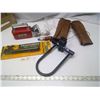 Image 2 : vintage flashlight, leather guards, bike lock with key, bike pump, etc.