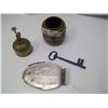 Image 2 : vintage brass oil can, brass cup, key and iron trivet