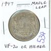 Image 1 : 1947 Maple Leaf Canadian Silver 50 Cents. Key Date minted in 1948. VF-20 or higher. Scarce.