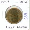 Image 1 : 1987 Loonie Dollar. The first Loonie issued. MS-63 from an original roll.