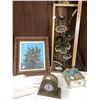 Image 1 : Small mantle clock, floral wall art, card box, and original canvass painting, in wood frame.