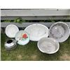 Image 1 : Collection of enamel wash basins, an aluminum basin, and kettle.