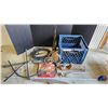 Image 1 : Milk crate of misc items - 2" hitch, bunny ear antenne, antique headphones, extension cord, etc.
