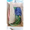 Image 1 : Box of assorted garden hoses, and misc items - hats, air pump and sprinkler