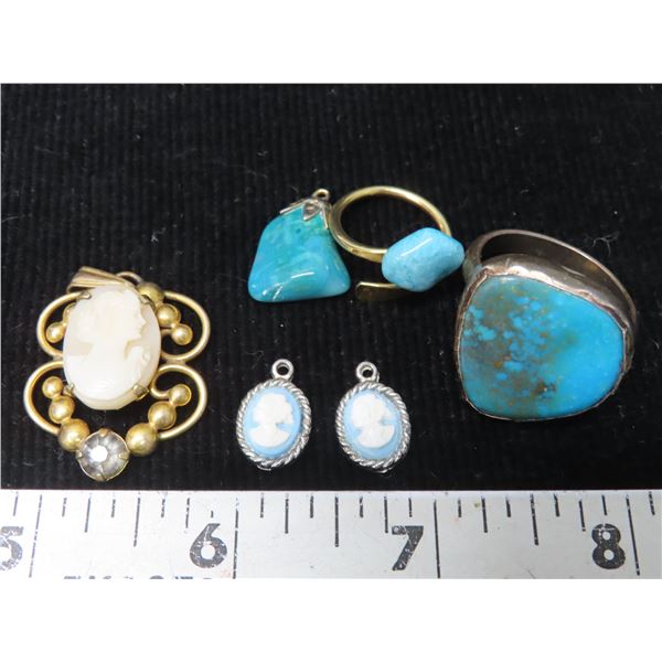 3 Cameo Pendants, 2 Turquoise rings, & 1 Turquoise Pendent (Stones authenticity unchecked)