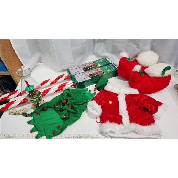 Christmas lot - Solar candy canes - like new, new M/L slippers, pet outfits, and vintage bubbler lam