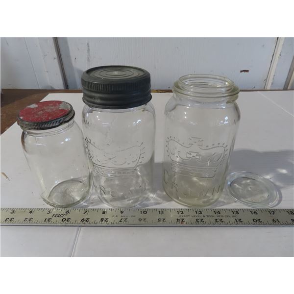 2 Vintage Crown mason jars (1 is complete with glass lid) + 16 fl oz jar & Glass “Improved GEM” jar 