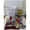 Image 1 : Lot of assorted household items & toys. Includes: Vintage Gumball machine, hotwheels car, Disney lea